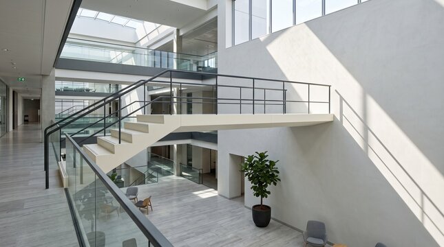 Atrium landing and rail shadows suggest strategic ascent