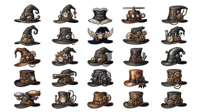 Set of decorative steampunk witch hat illustrations with gears and mechanical elements steampunk mechanical