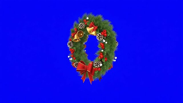 Animated Christmas wreath with pinecones, red bows, bells, and berries. Suitable for holiday, greeting, celebration, banner, promotion, project.