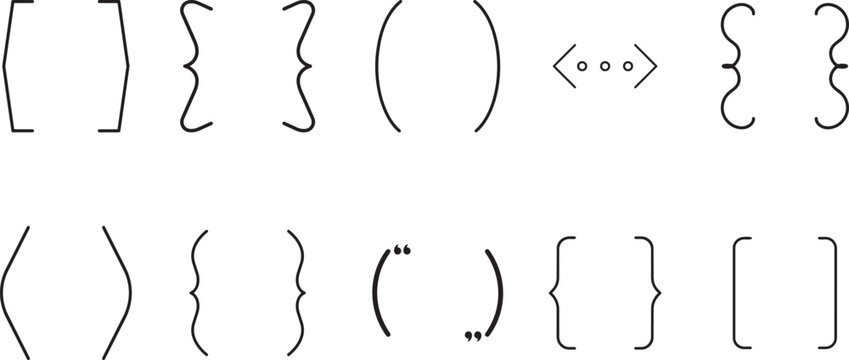 Curly Brackets Square Brackets and Angle Symbols Vector Set: A seamless collection of elegant curly braces, square brackets, angle brackets and punctuation marks in thin black outline style. png