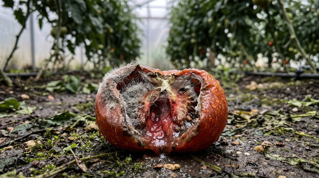 Moldy Rotten Tomato Split Open on Wet Greenhouse Floor