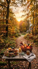 Obraz premium Wooden table displaying harvest basket filled with apples, colorful autumnal equinox wreath, burning beeswax candle, forest path leading toward cozy stone cottage, sunset glow.