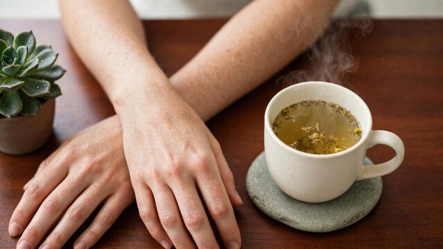 Cozy Moment: Hands Holding Warm Tea on Rustic Wood Surface