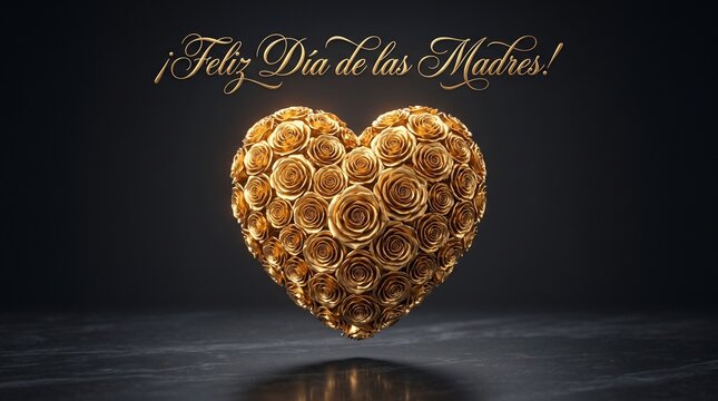 Luxurious Mother's Day greeting in Spanish featuring a golden heart made of detailed roses floating over a dark elegant surface.