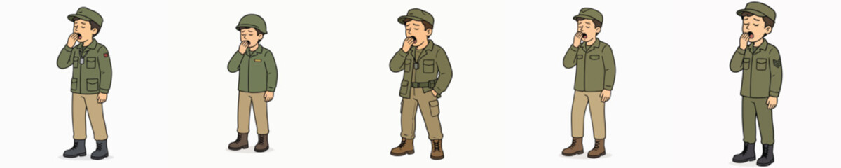 Obraz premium Set of male soldier vectors in standing and yawning poses.