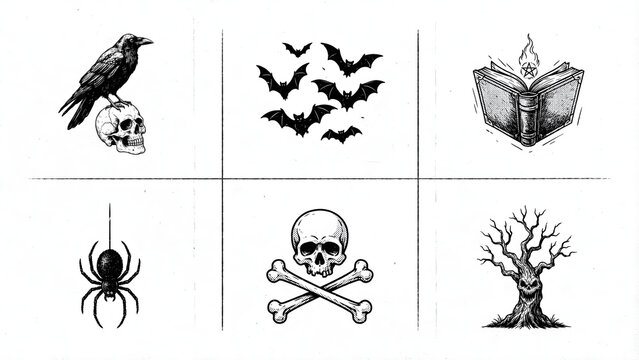 Hand drawn gothic horror icons including raven on skull and haunted tree for dark projects.