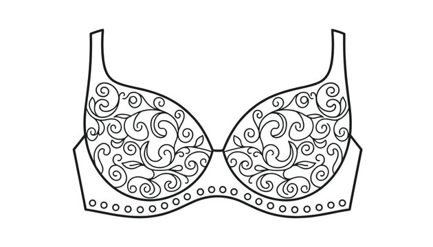 Line art illustration of a bra with intricate floral swirls and patterns designed for adult coloring book or fashion design.