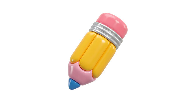 Small cartoon style yellow pencil with pink eraser and blue tip stationery education