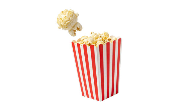 Classic red and white striped popcorn box with kernels flying out