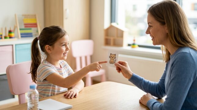 Child learning object recognition during speech therapy session with clinician in bright, modern clinic