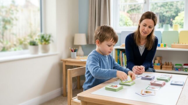Child therapist guiding young boy sorting colorful educational cards in a bright, modern therapy room.