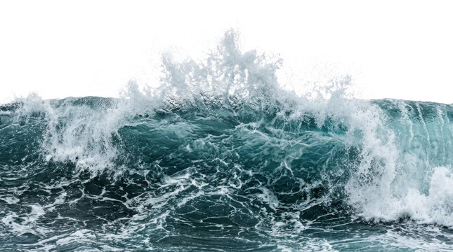 Powerful ocean wave crashing with white foam against a bright white background