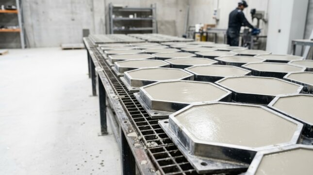 Rows of hexagonal concrete paving tile molds filled with wet concrete on a metal grating table, industrial manufacturing setting.