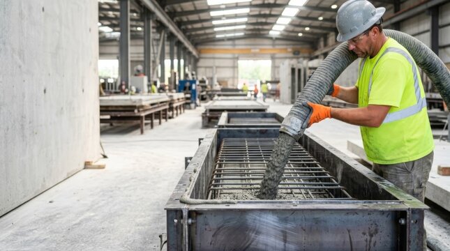 Construction worker pouring concrete into steel form with rebar cage in industrial building
