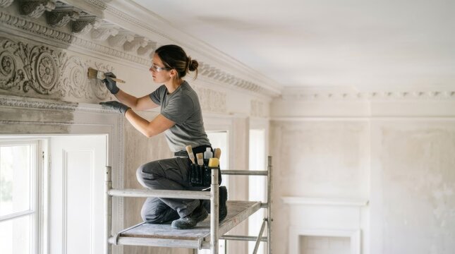 Restoration specialist carefully restoring ornate plasterwork with brush on scaffold, bright interior with copy space