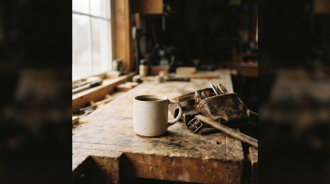 Vintage Artisan Tools on Rustic Wooden Workbench