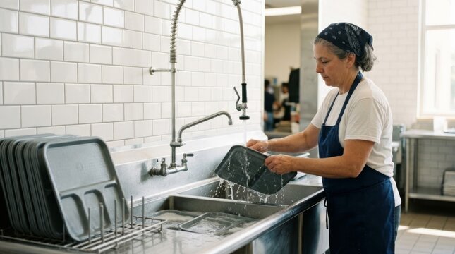 Woman rinsing cafeteria trays in a deep stainless steel sink, bright modern kitchen workflow and hygiene