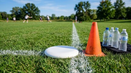 Fototapeta premium Frisbee and water bottles on a grassy field line, ready for a game, with copy space