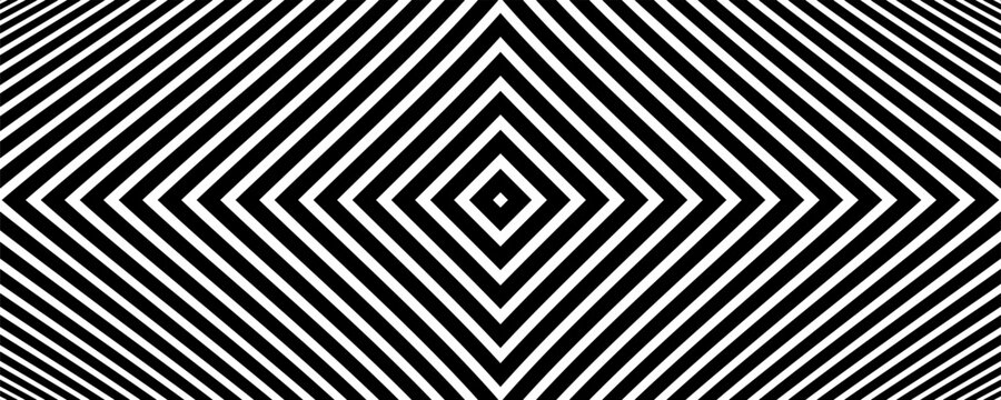 Optical pattern with abstract bent concentric diamond lines in monochrome.