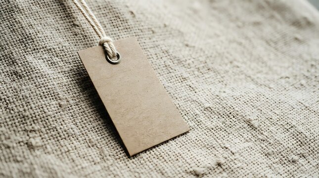 Blank kraft paper tag with metal loop on natural linen fabric background