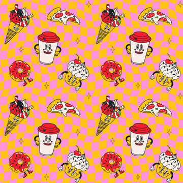 Groovy pattern funky with pizza, coffee and donuts