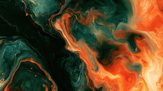 Bright orange and deep forest green blend in an unexpected and striking pattern, creating bold color contrasts with dramatic texture.