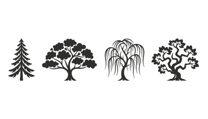 Fototapeta premium Set of four distinct black tree silhouettes including a pine, oak, weeping willow, and an gnarled old tree isolated on a white background.