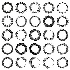 Fototapeta premium Collection of Hand Drawn Black Laurel Wreaths, Floral and Botanical Circular Frames Isolated on White Background