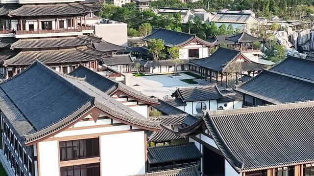 Aerial View of Traditional Chinese Architecture with Tiled Roofs and Courtyards
