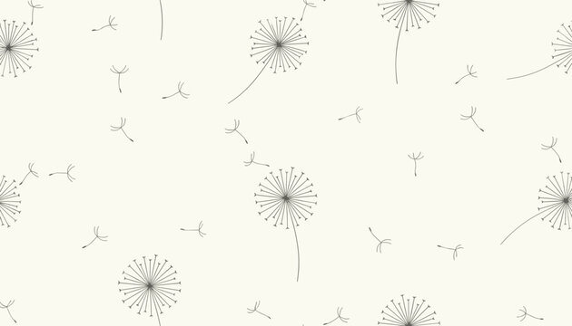 Seamless repeating pattern of delicate dandelion clocks and flying seeds in soft gray on a cream background for wallpaper or textile.