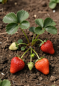 Sustainable agriculture and organic farming, strawberry plant with ripe red and unripe green berries growing in fertile soil in a home garden plot
