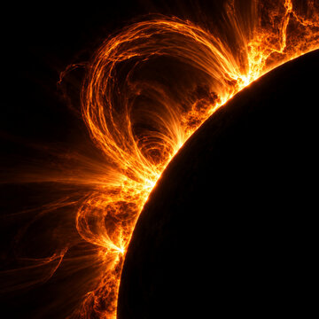 Massive solar prominence and coronal loop erupting from the sun surface into space