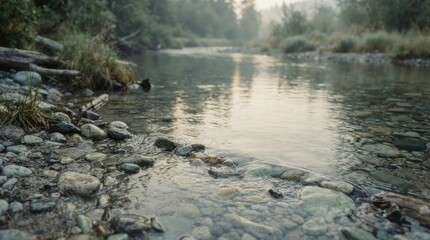 Obraz premium Serene river stream flowing over smooth, wet pebbles