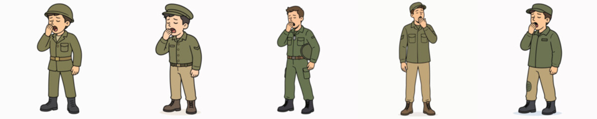 Obraz premium Set of male soldier vectors in standing and yawning poses.