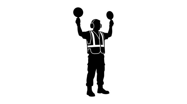 Silhouette of an aircraft ground crew member signaling with illuminated wands
