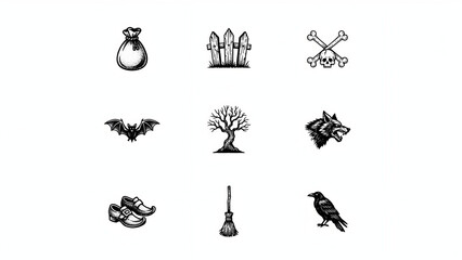 Fototapeta premium Woodcut style Halloween graphics featuring gothic symbols for rustic dark fantasy posters.