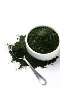 Superfood nutrition and wellness, spirulina powder in a bowl with a spoon for healthy diet and natural dietary supplement on a white background