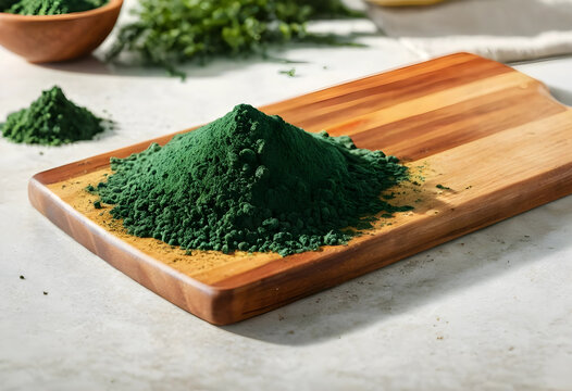 Superfood nutrition and wellness, spirulina powder on a wooden cutting board for healthy diet and natural dietary supplement preparation in the kitchen