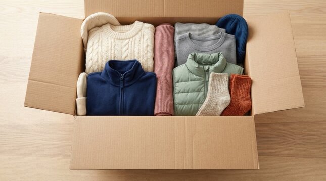 Assortment of Folded Apparel in an Open Cardboard Shipping Box