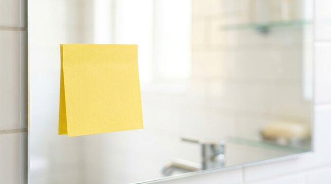 Blank Yellow Sticky Note on Reflective Countertop