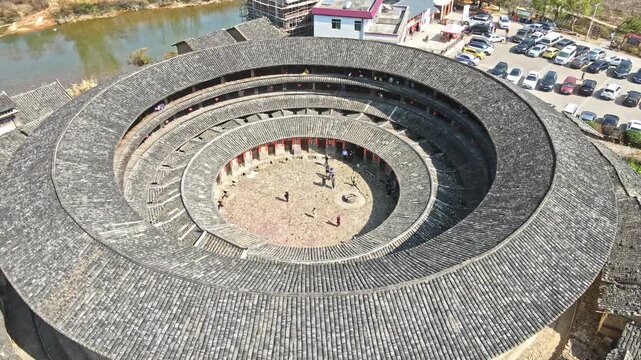 Aerial View of Traditional Circular Tulou Building in Rural Fujian, China