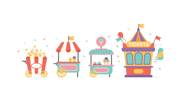 Colorful carnival food and ticket stands including popcorn, ice cream, and snacks for a funfair theme.