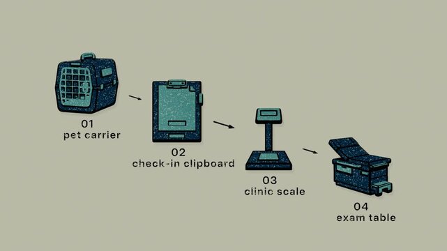 Veterinary intake moves a patient from registration and weight assessment into the exam room for clinical evaluation. Flat 3D style with a dry silkscreen texture; objects numbered and labelled in