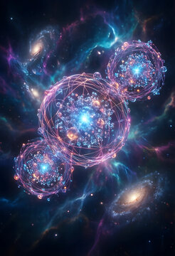 Quantum physics and atomic structure, subatomic particles and energy fields in deep space with glowing nebulae and cosmic galaxy background