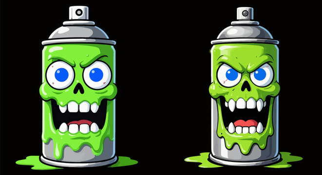 Graffiti spray can monster characters with green slime skull faces, urban street art vector illustrations, cartoon paint cans with fangs and big eyes