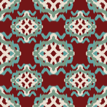 Seamless ethnic ikat pattern with burgundy teal lattice medallion ornament. Embroidered stitch texture design for bohemian fabric, textile, apparel, wallpaper, background.