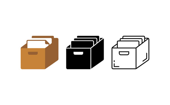 Minimalist archive box icons showing document storage in multiple styles