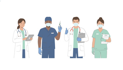 Obraz premium Diverse team of four medical professionals including doctors and nurses wearing scrubs and face masks while holding clinical equipment.