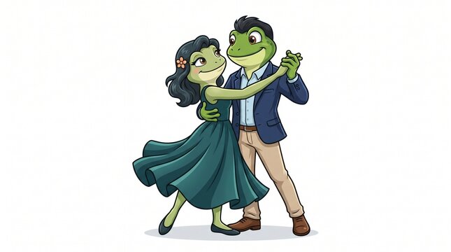 Charming anthropomorphic frog couple dancing tango together in formal wear with tango dance cartoon frogs anthropomorphic animals animal characters ballroom dance romantic dance elegant frogs