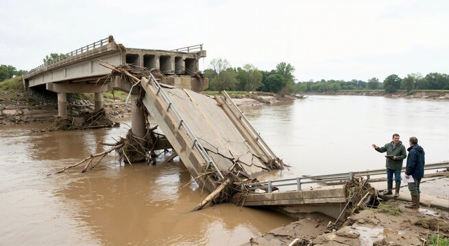 Destroyed bridge after severe flood. Infrastructure damage and natural disaster theme